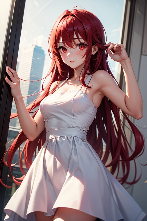 anime girl with long purple hair and red eyes in a white dress, kurisu makise, makise kurisu, seductive anime girl, rias gremory, gapmoe yandere, (anime girl), [[[[grinning evily]]]], by :5 sexy: 7, anime moe artstyle, ikki tousen