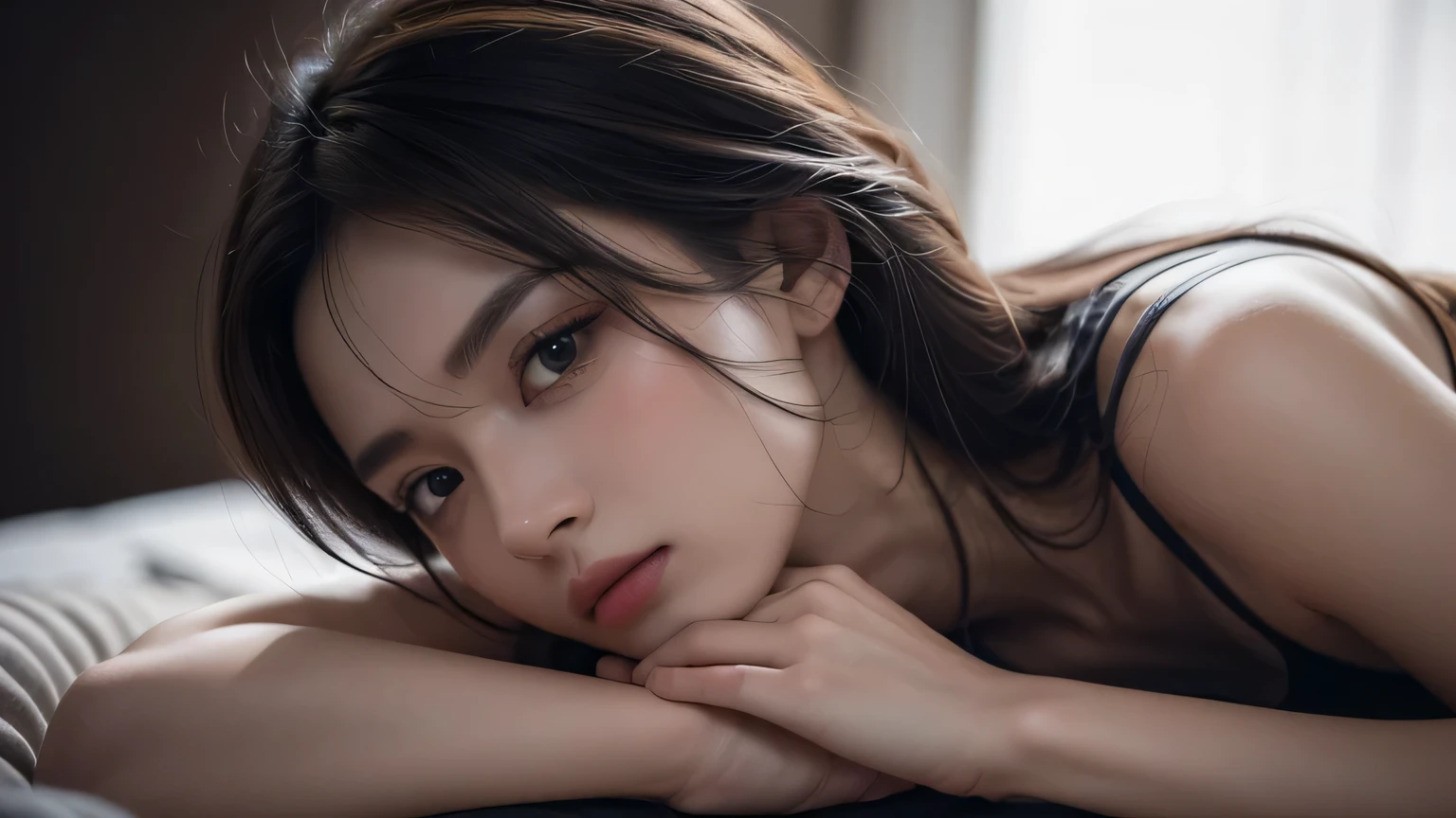 best qualtiy， tmasterpiece， 超高分辨率， （realisticlying：1.5）， RAW photogr， 1girll， facing at camera，Lie on the table， in the darkness nigth， deep shading， low tune， cold light， Sexy look， messy shortt hair