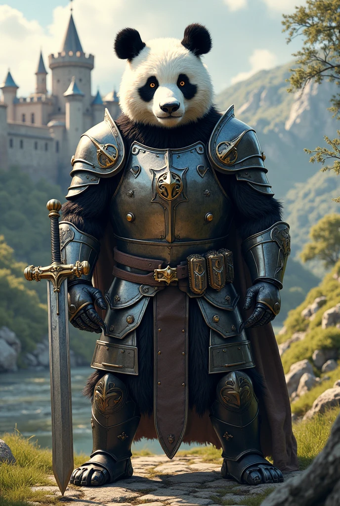 Panda vestindo armadura ((um arqueiro)) standing, In an apocalyptic scenario, segurando um arco, Hunter,urso panda maligno, olhos vermelhos, (horrible atmosphere) terror, poeira levemente flutuando, smoke vapor behind the main character, cara de mal, macabro ((arco) arco e flechas somente um personagem na imagem