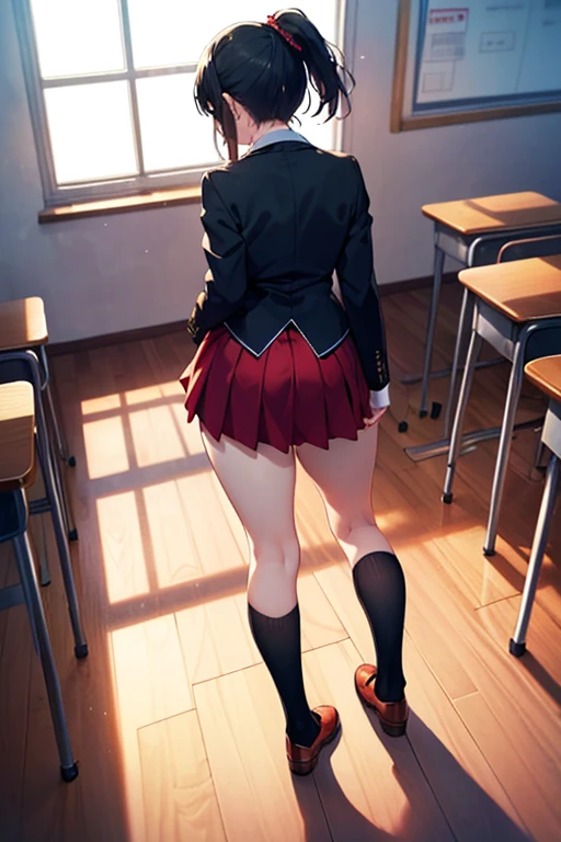 Strands of hair,Farben Hair color, tiny chest,  Bow, Red bow, Long sleeves, Shirt, Collared shirt, Skirt, Pleated skirt, Black skirt, tiny chest
smile big, open mouth
,looking back over the shoulder,standing, full body,i can see panty,indoor classroom
,look down at viewer, ,looking down at viewer, (from below:1.2),(lower body shot, View from below, View from the front:1.5), very low - angle,
(Best Quality,masutepiece:1.3),absurderes,high resolution,absurderes, Perfect Skin, Detailed skin texture, ultra-detailliert, 8K, Intricate details, beautifull detailed face,hight resolution,