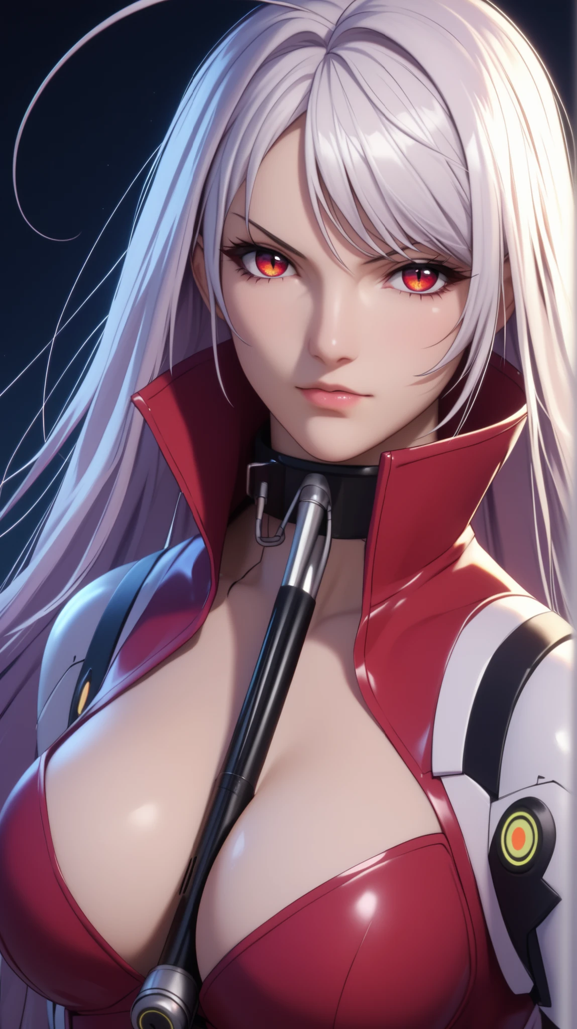 vampire moka akashiya, long hair, red eyes, ahoge, white hair, large breasts, Cyberpunk、Fiberglass、Luminous tube、Realistic light、CGSoation Trends、neon details、Mechanical limbs、Mechanical vertebrae attached to the back、mechanical cervical attaching to neck、Wires and cables connecting to the head、valkyrie、Beam Cannon、Combat stance、