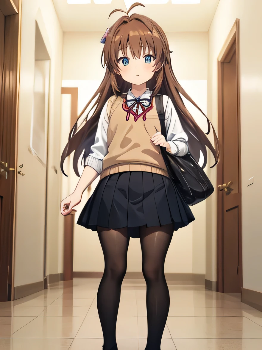 (masterpiece, top quality), EXTREMELY detailed CG Unity 8k wallpaper, high definition, bold composition, masterpiece, best quality, amazing quality, very aesthetic, high resolution, ultra-detailed, absurdres, newest, scenery, depth of field, lighting , artistic composition screencap, flat anime, 1 girl, view from front, nonkomari, dwarf, little_girl, , school_uniform, sweater vest, neck ribbon, brown_hair, long_hair, green_eyes, blush, antenna_hair, bangs, black pantyhose, full body, stocky legs, inside abandoned, Lift up skirt, panties