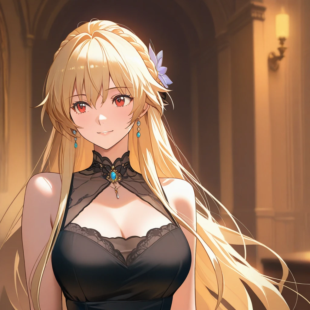 blond haired woman in black dress sitting on bed with white sheets, anime girl wearing a black dress, blonde anime girl with long hair, cute anime waifu in a nice dress, blonde - haired, beautiful anime girl, seductive anime girl, beautiful anime woman, beautiful alluring anime woman, attractive anime girl, anime girl with long hair