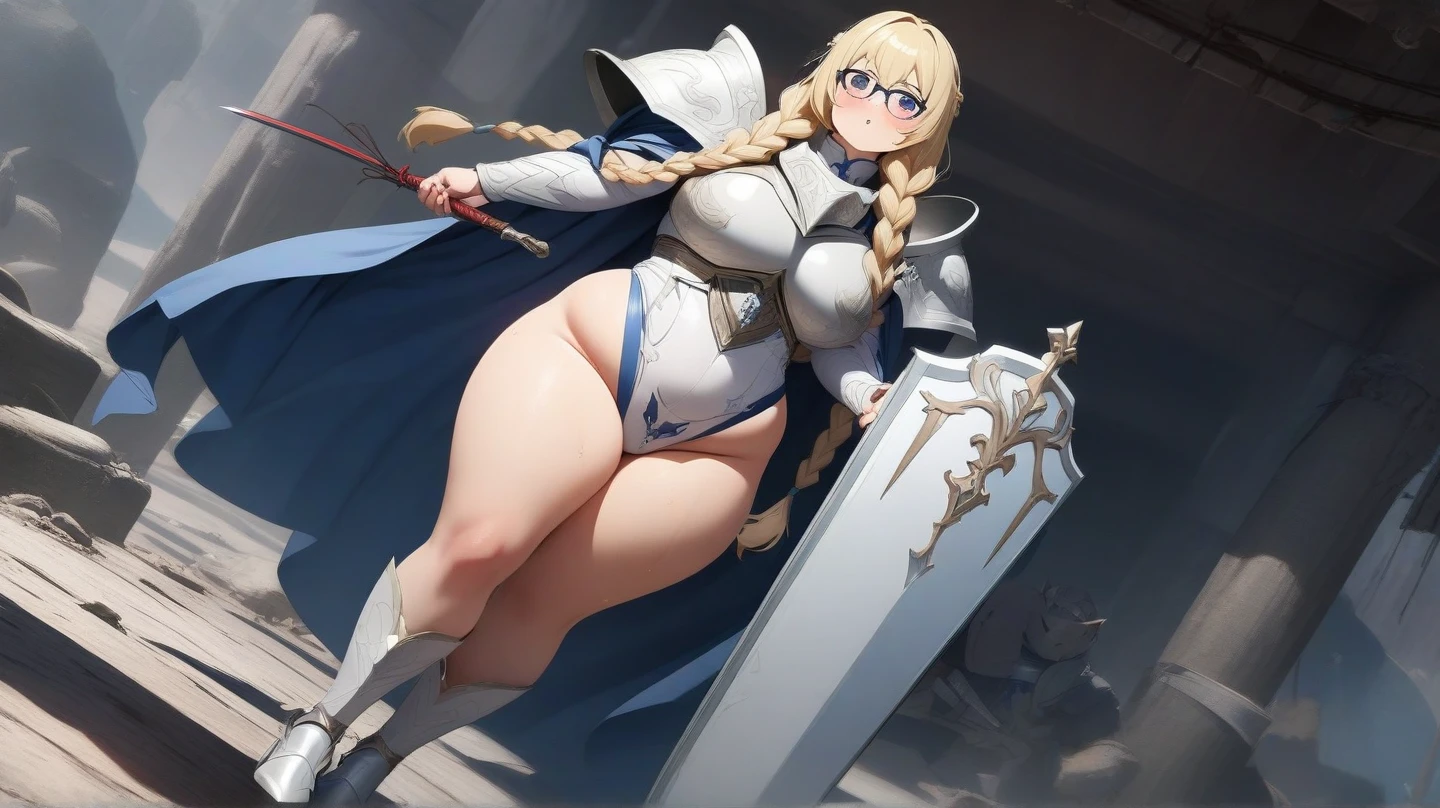 blond，hairpin，Full-figured adult female，white armor，tights，thigh，iron boots，Standing，Medieval European castles