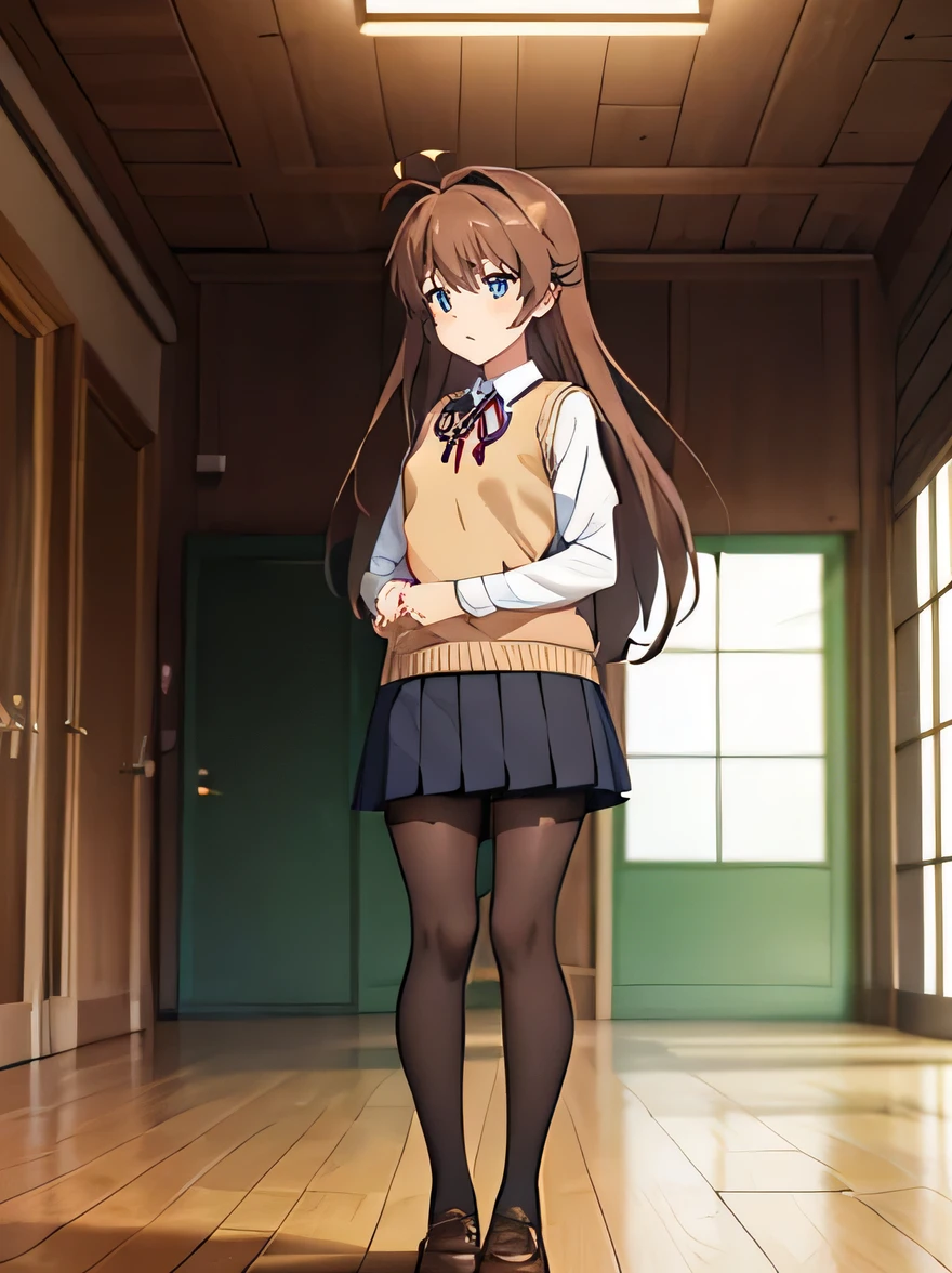(masterpiece, top quality), EXTREMELY detailed CG Unity 8k wallpaper, high definition, bold composition, masterpiece, best quality, amazing quality, very aesthetic, high resolution, ultra-detailed, absurdres, newest, scenery, depth of field, lighting , artistic composition screencap, flat anime, 1 girl, view from front, nonkomari, dwarf, little_girl, , school_uniform, sweater vest, neck ribbon, brown_hair, long_hair, green_eyes, antenna_hair, bangs, black pantyhose, full body, stocky legs, standing inside abandoned, (Lift up skirt), panties