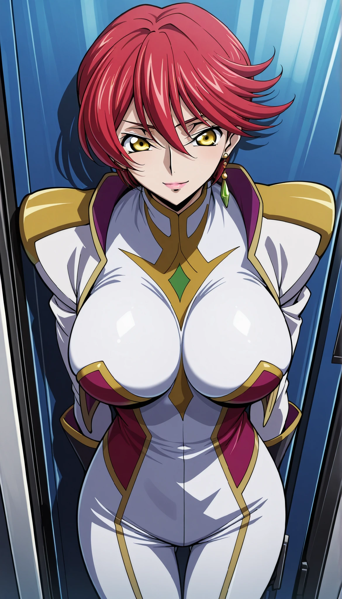 narah_pilotsuit,narah vaughn,1girl,solo,red hair, short hair,breasts, yellow eyes,gloves, jewelry,earrings,lipstick,large breasts,mature female,MILF ,,,,,,, score_9, score_8_up, score_7_up, score_6_up, score_5_up, score_4_up ,,,,, smile earring locking at viewer large breasts huge breasts , big breasts ,,,, code geass narah vaughn , Narah Vaughn | Code Geass Roze of the Recapture , standing