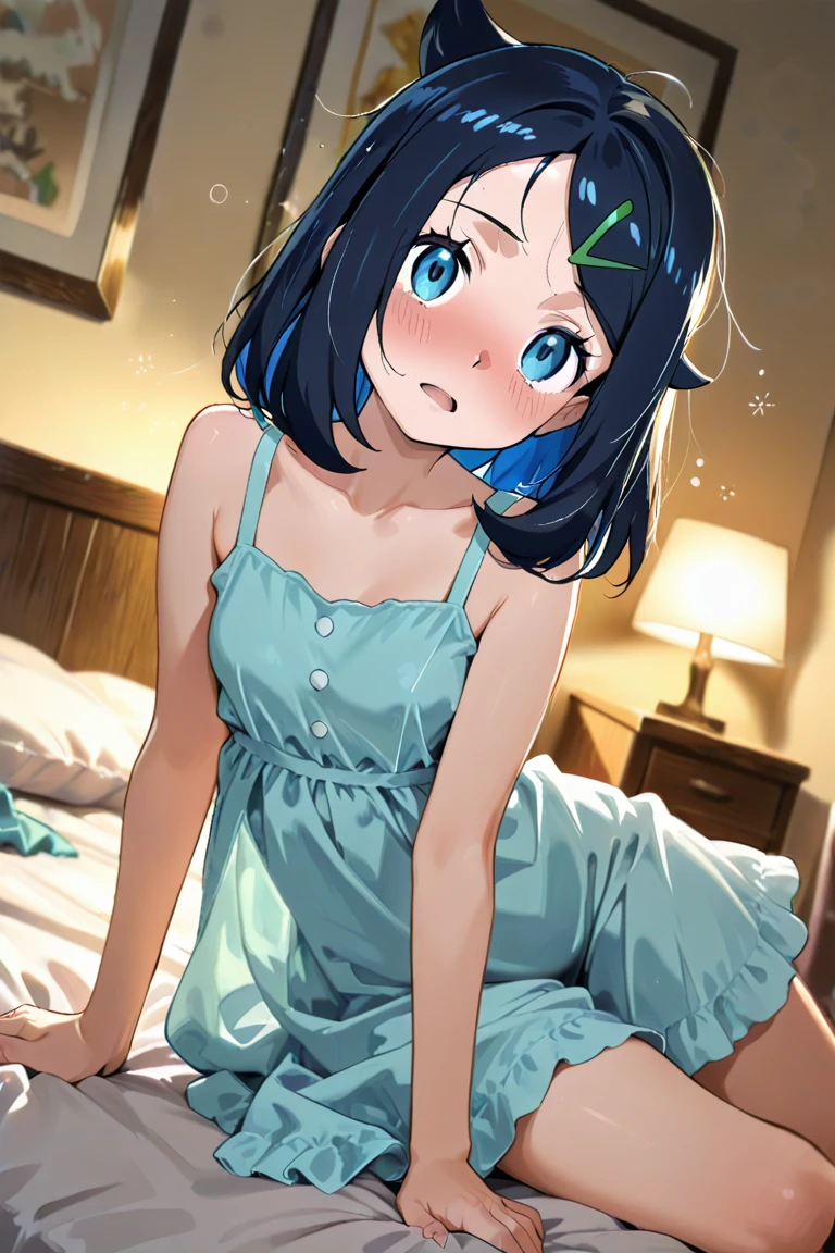 One 15-year-old girl, ((Her camisole is open、Sexy Underwear))、(Inner color hairstyle), Beautiful Hair, Facial Contour, Remember, ,Hotel, splash, Lens flare、night,illumination、Natural Color, High resolution, Very delicate, Very detailed, 8k,Lying in bed、(There is only a slight swelling of the chest,About B cup)、Shyness,((Sexual)),((Sexy feeling)),Approaching the person in front of you