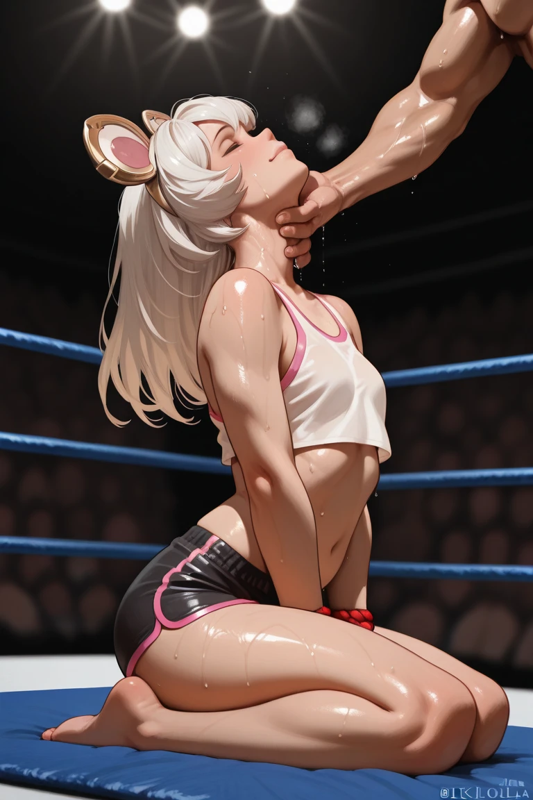 masterpiece、highest quality、High resolution、real girl、professional wrestler、people々close-up of、Wearing a white bodysuit、During、Sexy、masterpiece, super fine illustration, best quality, light particles, ultra detailed, perfect anatomy, Japanese anime style, 8K, (woman), (small breasts), ((black short hair)), shiny hair, shiny skin, oily skin, beautiful face, (white leotard, wrestling boots:1.2), (nipples), (orgasm face, beautiful black eyes, shiny eyes, half-closed eyes), blush cheeks, arched back, get down all fours, boob on stage, (naked man:1.3), (man behind woman), (intense Sex:1.6), (doggy style sex:1.4), vaginal penis, hetero, (man hold woman's waist:1.4), (cum out), nsfw, stage, wrestling stage, crowd,perfect anatomy