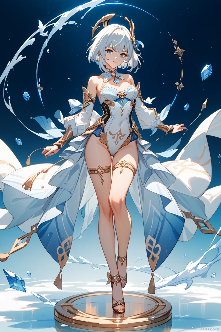 (masterpiece, best quality, high resolution, ((full body, standing,))((huge breasts )) 1 woman, 1 elegant-looking ice echisera, ice hooded magic echisera dress, ( (whole body))
