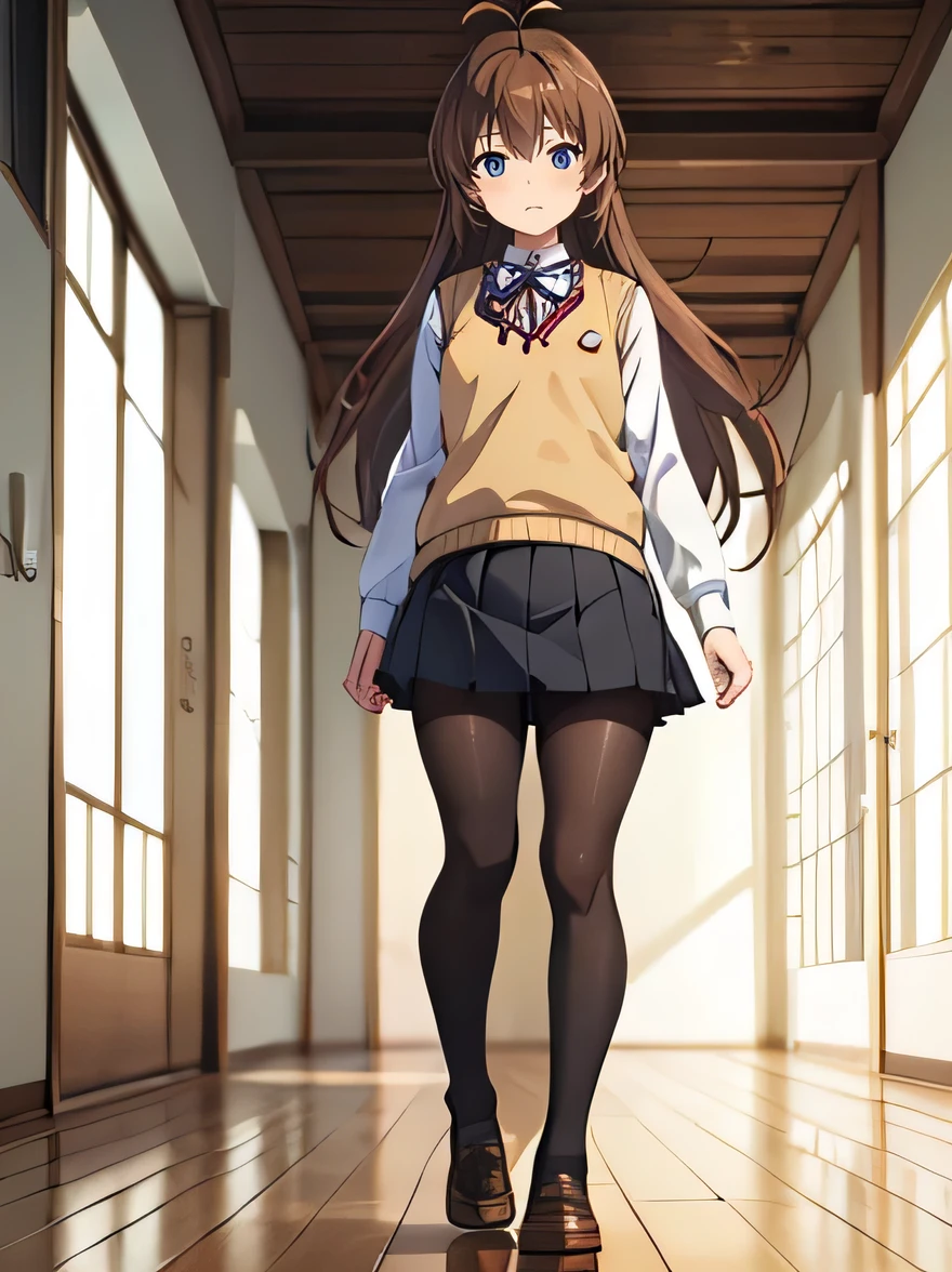 (masterpiece, top quality), EXTREMELY detailed CG Unity 8k wallpaper, high definition, bold composition, masterpiece, best quality, amazing quality, very aesthetic, high resolution, ultra-detailed, absurdres, newest, scenery, depth of field, lighting , artistic composition screencap, flat anime, 1 girl, view from front, nonkomari, dwarf, little_girl, , school_uniform, sweater vest, neck ribbon, brown_hair, long_hair, green_eyes, antenna_hair, bangs, black pantyhose, full body, stocky legs, standing inside abandoned, (Lift up skirt), panties