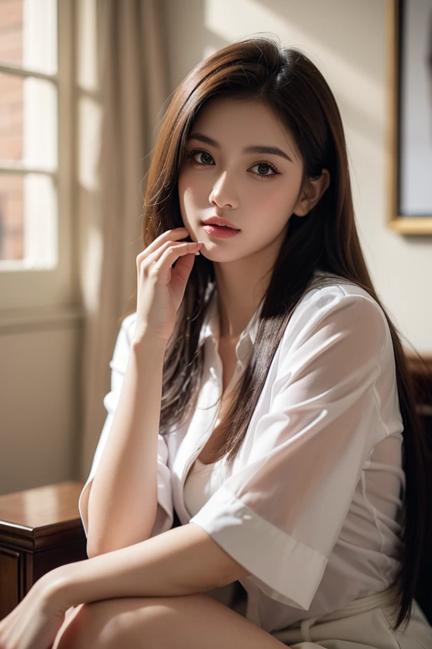 (RAW Photos), (Realistic), (masterpiece), (highest quality), High resolution, 8k, (Intricate details), (Volumetric Light), Portraiture, woman, Age 35, Medium Hair, Straight hair, Medium Chest, Accentuate your cleavage, Layered Hair, Brown Hair, Very beautiful eyes, Source order, Very thin eyebrows, Very fine skin, Very beautiful mouth, Very nice nose, Cute like an idol, smile, (Thick lips), (Looking at the audience), (White collared dress shirt), Above the knee shot,