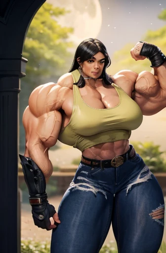 A very big, buff, giant, female bodybuilder, she hulk, with huge arms and huge legs, big boobs, flexing her enormous, giant muscles, posing naked, rampaging through a city, photorealistic
