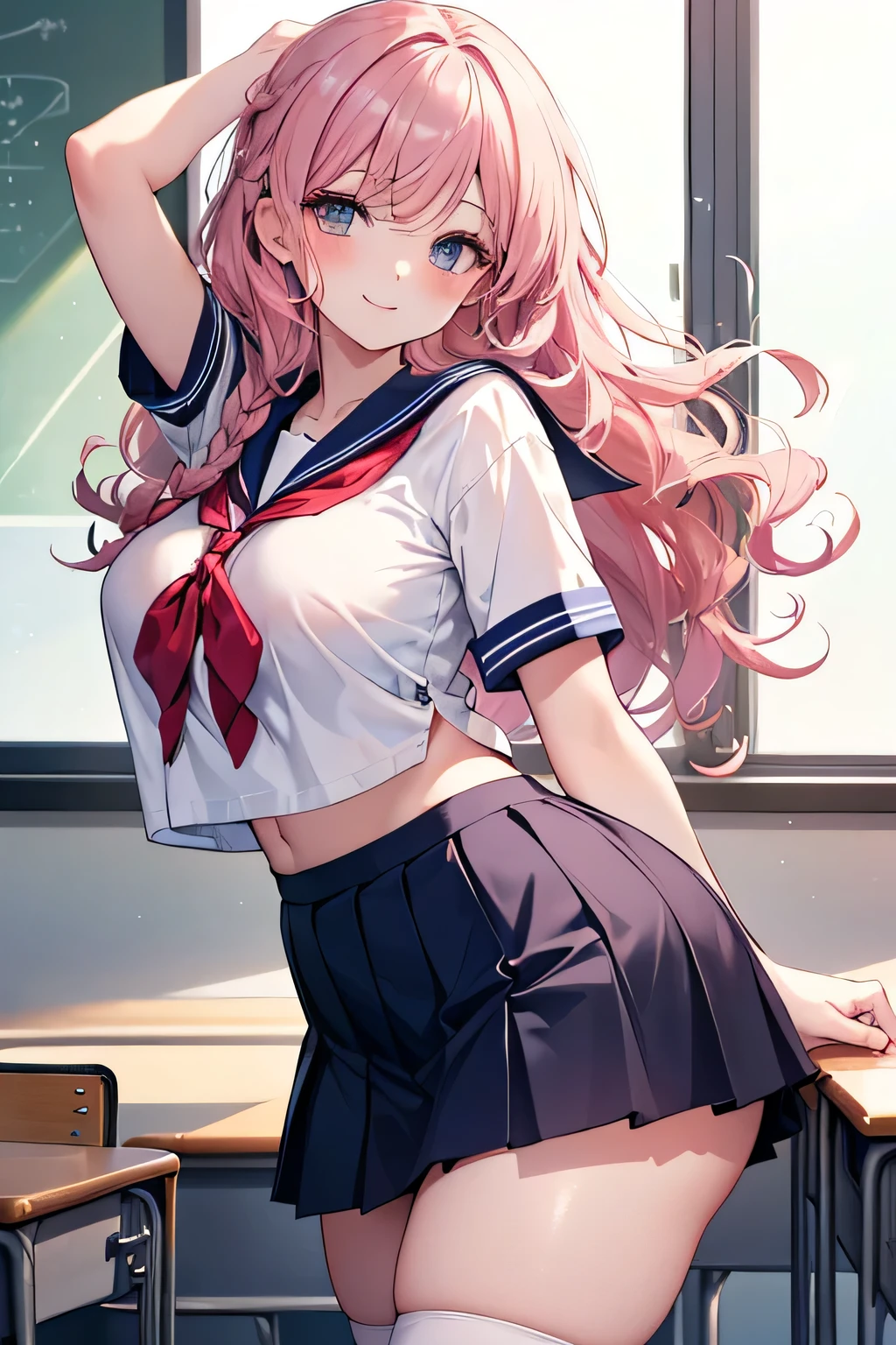 1girl, Tenebria, (pink hair), evil, blush, lipstick, long hair, pink hair, big breast, crazy eyes , masterpiece, best quality, highly detailed, a anime girls in sailor uniforms with a gun posing for a picture,
evil smile, smile, open mouth,black_serafuku, ecchi anime style, anime girls ,
ecchi style, ecchi, shipgirls, digital anime art!!, high school girls, holding a gun, hold a gun, anime style 4
k, micro skirt, exposed belly, exposed navel, exposed midriff,
exposed lower belly,school, classroom,