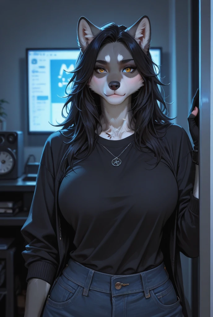 By bebebebebe, by smiju, solo, female, standing, canine, light grey wolf, light grey fur, straight hair, glasses, big eyes, dark blue eyes, black hair, thick thighs, medium breasts, mature, surprised, shocked expression