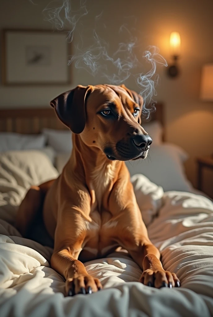 (best quality, 4k, 8k, high resolution, masterpiece: 1.2), ultra detailed, (realistic, photorealistic, photorealistic: 1.37), dog lying in the living room, with glowing mistical smoke around all its body. A wonderful award-winning image