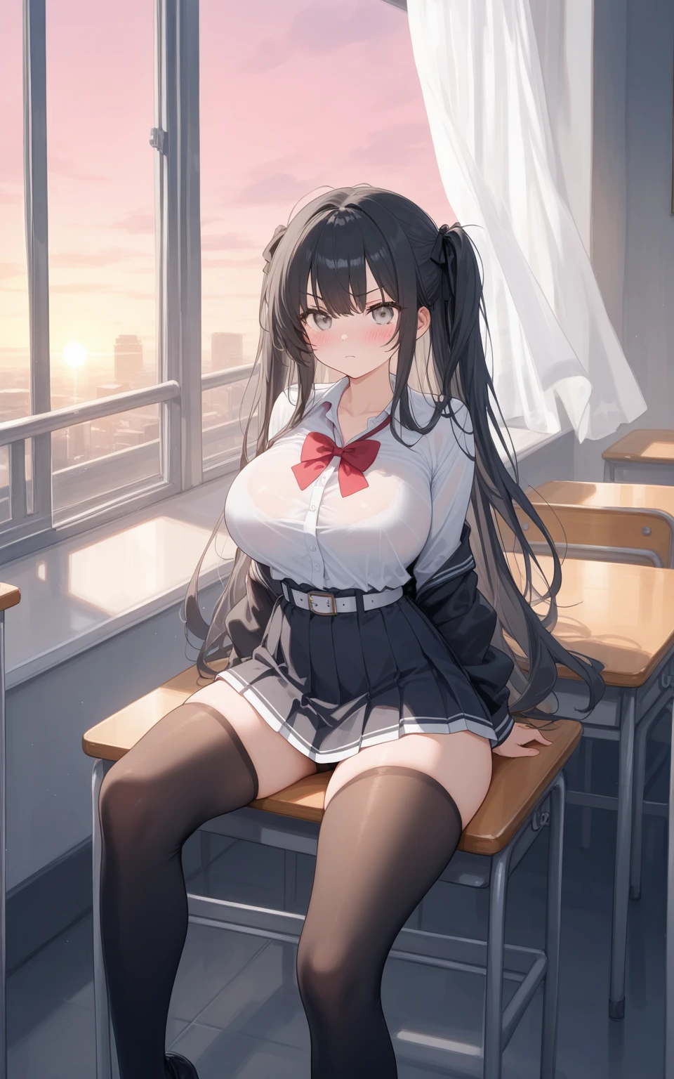 (Manhwa style), a sexy girl, long black straight hair, black eyes, beautiful eyes, blush on make up, red eyeliner, black neck tie, white shirt, mini pleated skirt, stockings, garter belt, big breasts, blushing, smiling, (high quality), (best quality), (full body), sexy lips, cleavage, big hips,