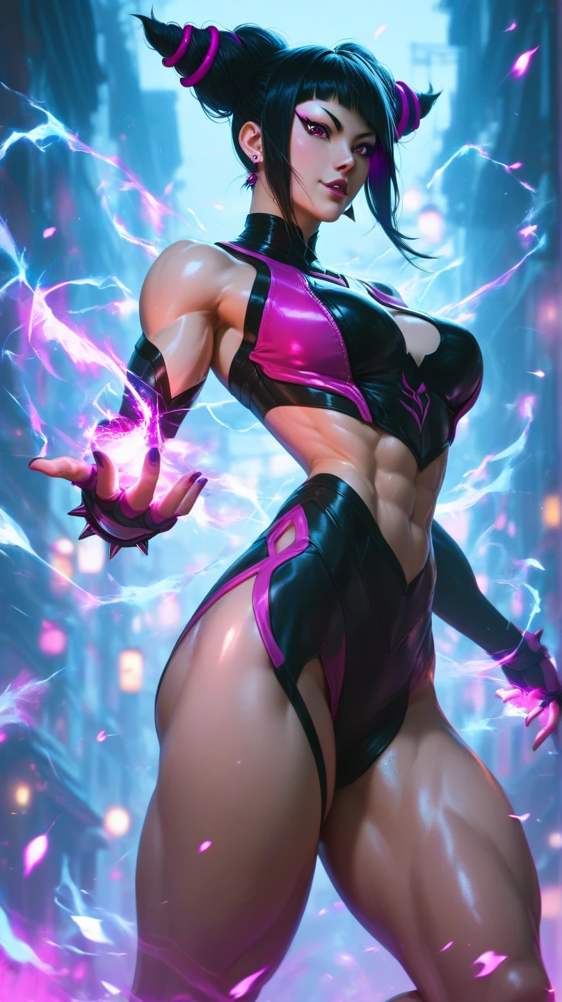 (masterpiece), (Highest quality), (High resolution), Big breasts,, ((leotard, black and purple, leotard, matching leotard, No sleeve, barefoot)),((High heels, Matching Boots,black tights, black tights)), ((gloves, white gloves)), Shadow, alone, alone focus, dynamicなファイティングポーズ, (whole body), Supervillain, ((Beautiful attention to detail)), ((Gold star symbol on chest)), (Black Hair, Long Hair,Green Eyes,Purple lips),(Perfect hands, Perfect Anatomy), villain, ((Beautiful attention to detail)), whole body costume design.Sweat,dynamic,dynamic,big breast,very big breast,During the game,Battle Scenes,Dark atmosphere,scar,Unreal Engine 5 Photorealistic Rendering, Game Characters, Role Player,Pretty face,Body Hyper Reality, Thick muscles, Moisturized and radiant body,hell,Combat pose