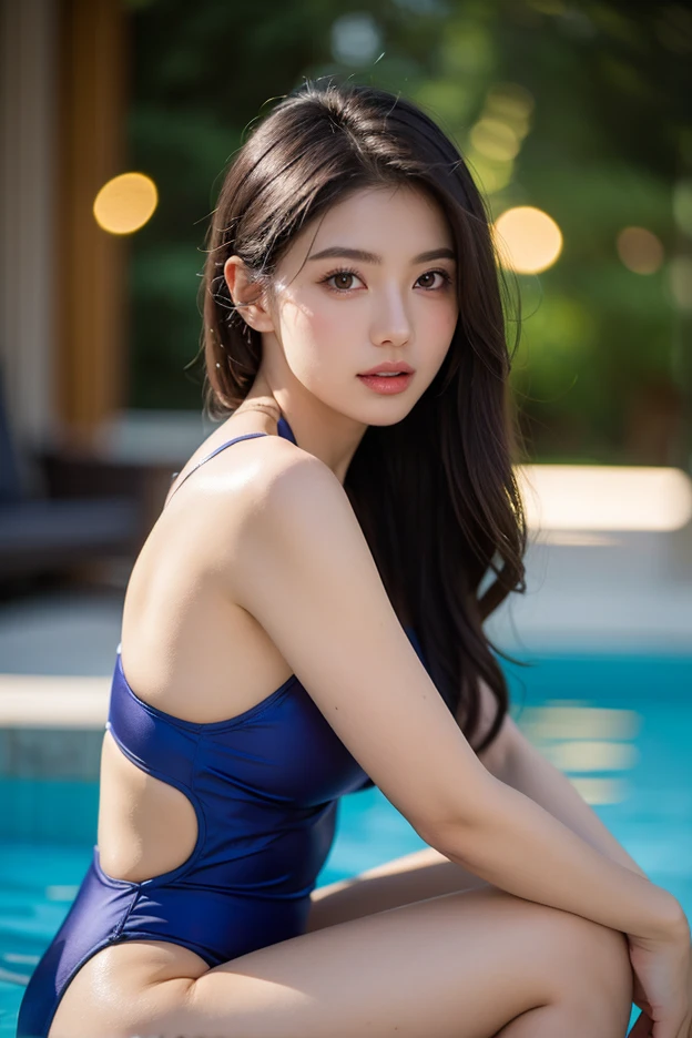 Tzuyu 1, woman, (Realistic), (Hyperrealism), (photoRealistic), Written boundary depth, eye make up:0.7 (whole body:1.8), (Large Bust),(Tight waist), Observe the audience,At the private pool, Swimsuit model, All-lace swimsuit