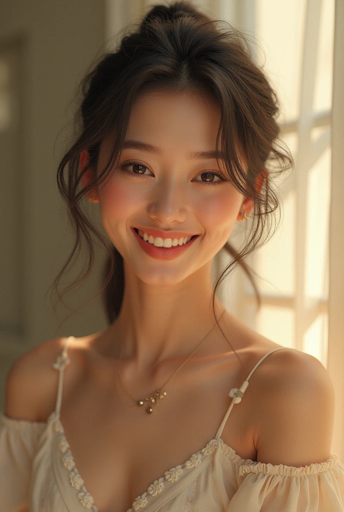 masterpiece, highest quality, RAW photo, realistic, smile, beautiful girl, cute, delicate girl, hair up, written boundary depth, High resolution, Super detailed, detailed, 非常にdetailedな目と顔, realistic student, sharp focus, cinematic lighting, Upper body,
