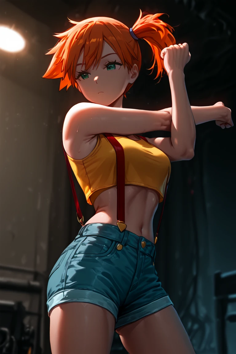 ,from below.from below,below view, pov,straight-on:1. ,standing,(mediumshot:1.5),(thighs focus:1.3),,,masterpiece, best quality, ultra detailed, highres,ultra-detailed,(ray tracing,:0.7),(anime colored:0.7),megami magazine, absurdres,soro,1girl, misty (pokemon), orange hair, solo, shorts, suspenders, side ponytail, orange hair, midriff, yellow crop top, navel, short hair, denim, denim shorts,open fly, Under Boob, small breasts, Externally expanded Chest,smile.,arms up,arms behind head,citystreet,