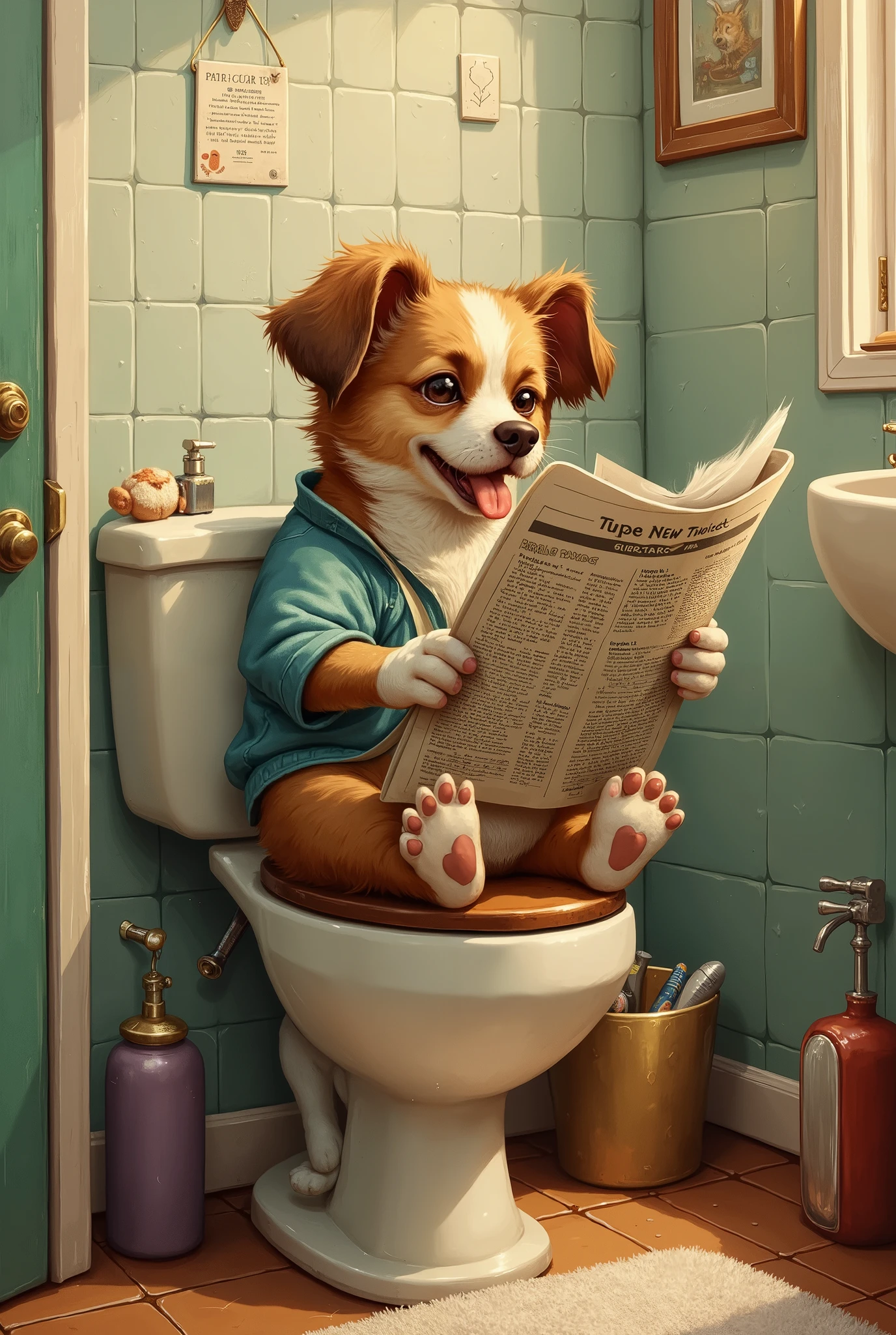 Dog Sitting on the Toilet Reading a Newspaper, Picture of a cute dog, super humorous oil painting of a cat playing the piano , very humorous oil painting, and I'm wearing sexy high school girl clothes with, descriptive art , Extremely High Quality Artwork, funny illustration , anthropomorphic dog cleaning, framed poster , Framed poster , canvas art print, Ultra Realistic Pictures, Interesting artwork, Lovely detailed artwork, Mixed Art、dachshund