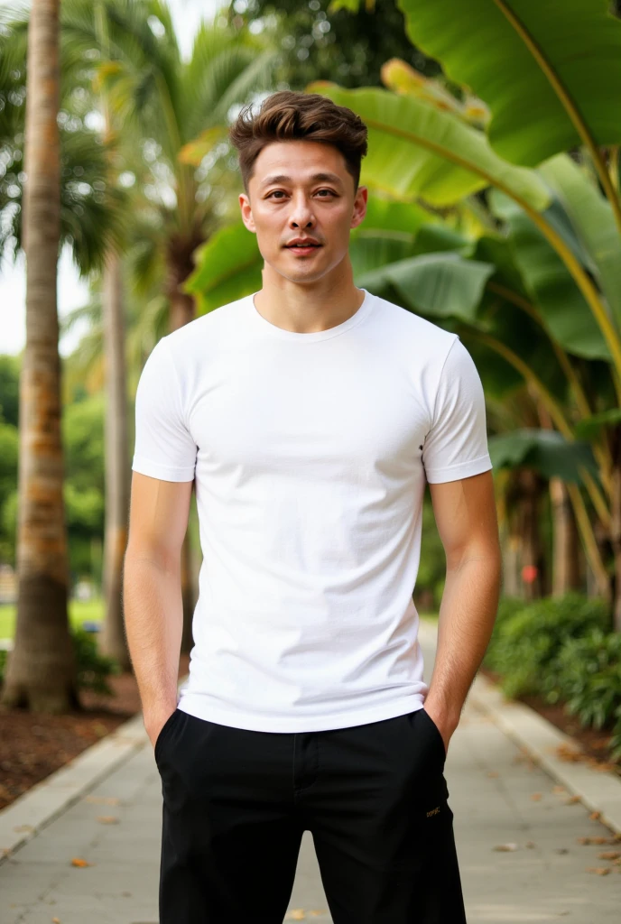 Young Korean man in a white t-shirt and jeans, A handsome, muscular young Asian man looks at the camera. In a simple blue t-shirt , Fieldside, grass, beach, sunlight