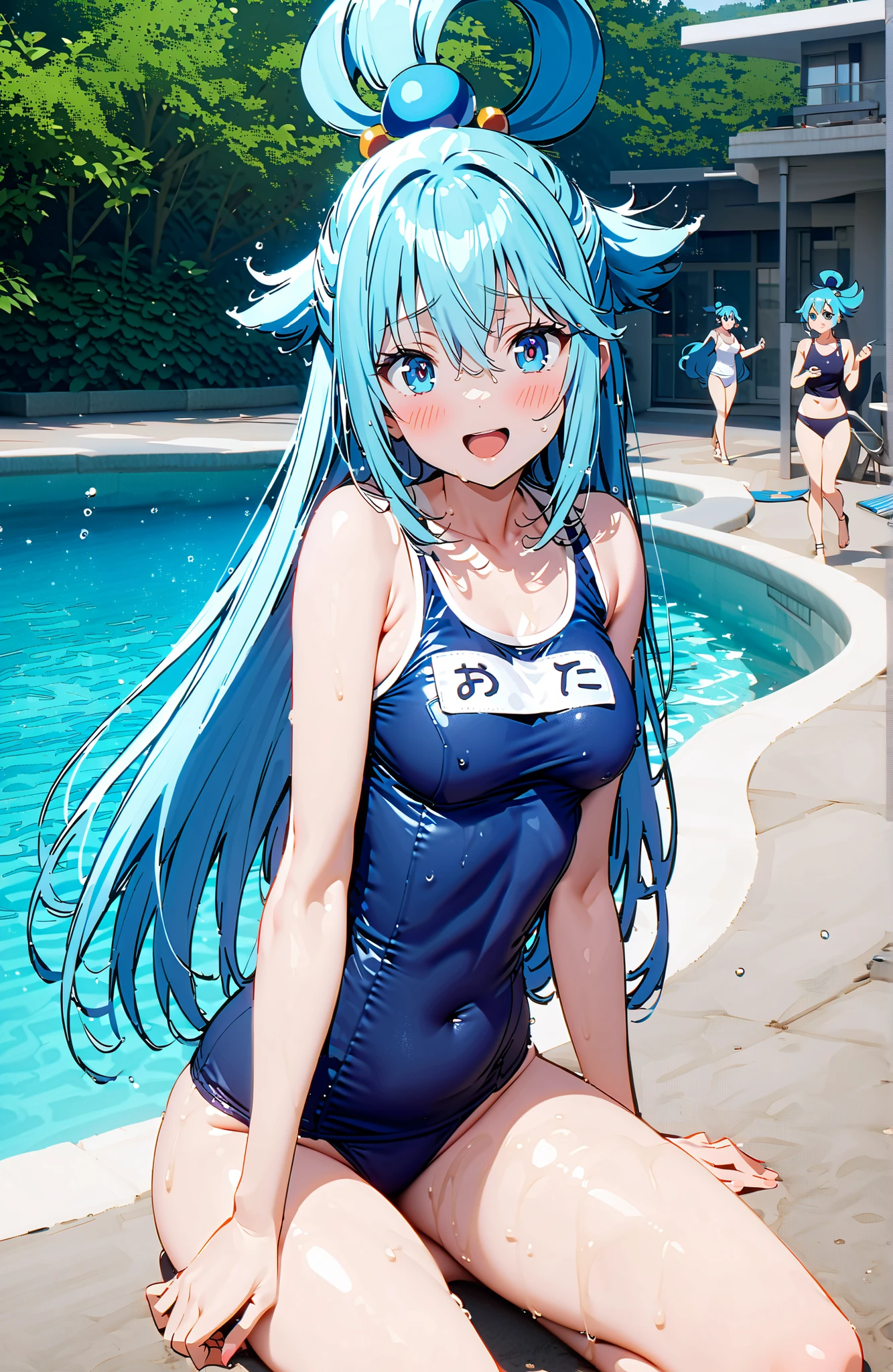 score_9, score_8_up, score_7_up, sauce_anime,
Conos bar aqua,
aqua \( Conos bar \), long hair, blue eyes, hair ornament, very long hair, blue hair, hair ring, single hair ring, Hair ties,old school swimsuit, school swimsuit, blue one-piece swimsuit, one-piece swimsuit, name tag, swimsuit, standing,Belly button cover, wet swimsuit, clavicle,Submersion,smile,blush,opens her mouth, playing in the water, scatters, Beautiful Streetscapes,Beautiful Scenery,summer,break outdoors, schools,pool,
break looking at viewer,full body,
break (masterpiece:1.2),top quality ,Kampala,unity 8k 壁紙,(shape:0.8),( fine, beautiful eyes :1.6),It's a person ,CG Details , (perfect hand in h,Complete Anatomy),