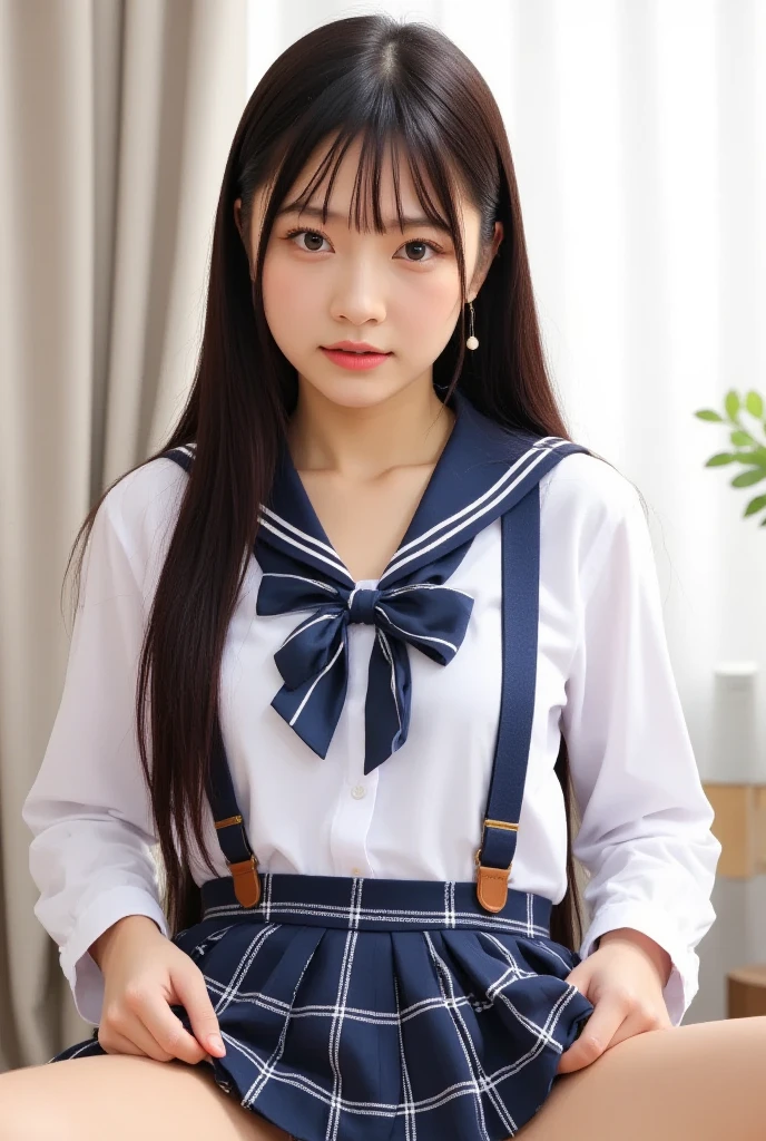 ((top-quality,8K,tmasterpiece:1.3)),Beautuful Women,1 girl in,sixteen years old、(The idol-like face is cute:1.3),A slender :1.1,(white shirt、Sailor School Uniform、Navy blue pleated skirt:1.3), (Whole body :1.2), A smile,Small milk,Long bob hair ,Longhaire、bangss、Super Detailed Face,very detailed lips,The mouth is wide open,Detailed eyes,Charming eyes,二重まぶた, sexy body type、