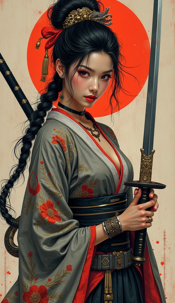 A fierce, tattooed woman stands confidently holding a katana, dressed in a traditional black and red kimono. Her dark hair, adorned with intricate ornaments, falls elegantly while her piercing gaze conveys strength. The background features an abstract design with dragon motifs and calligraphic elements in rich red tones, enhancing the dramatic and powerful atmosphere of the image.