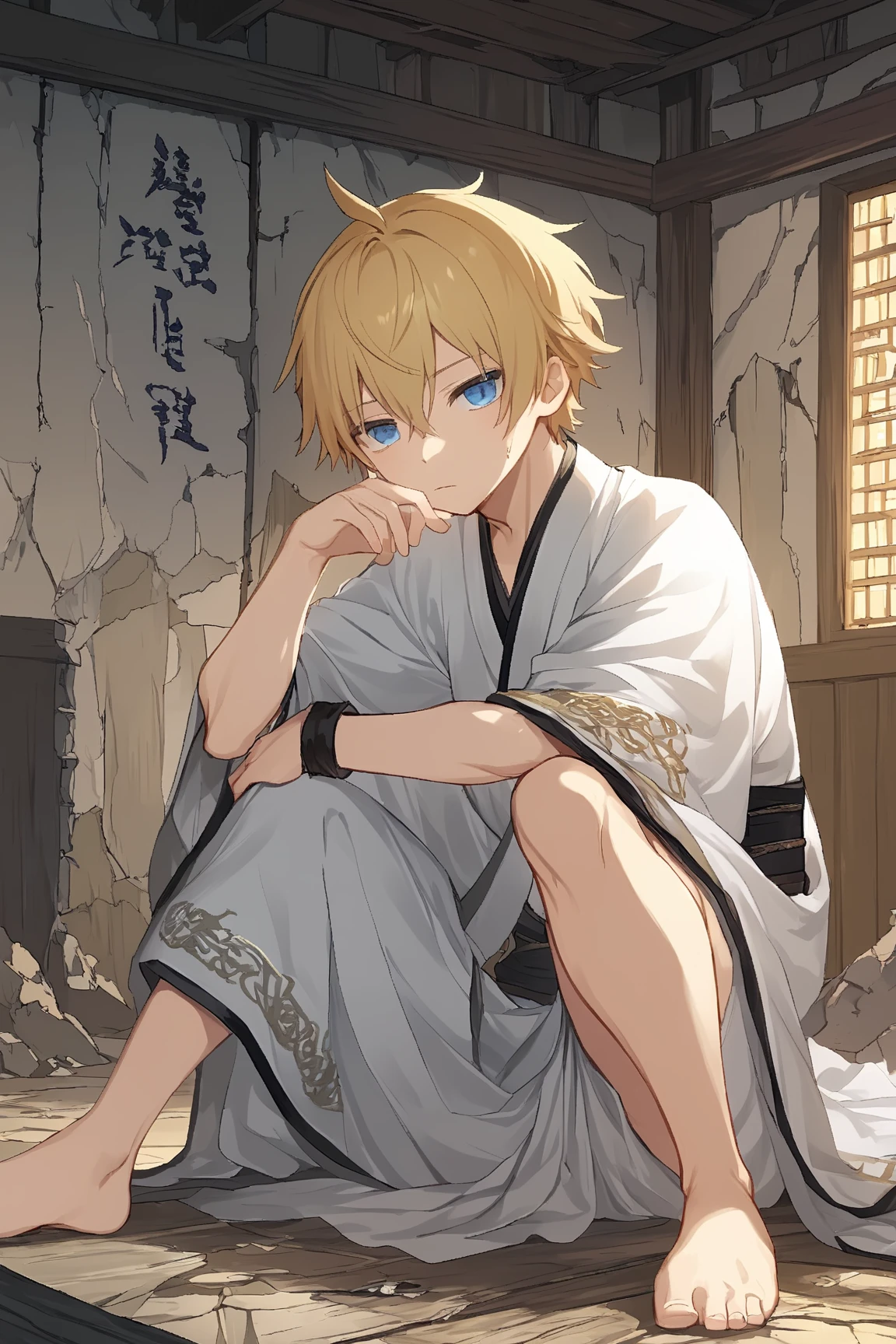 masterpiece, best quality, high quality, 1boy,, , duo, male focus, full body, looking at viewer, light yellow hair, brown eye,spiky hairstyle, short hair, steam smork, japan style, anime coloring, shy, home muji style, detailed face, topless, white towel on waist,white silk, outdoor, sweat, open legs