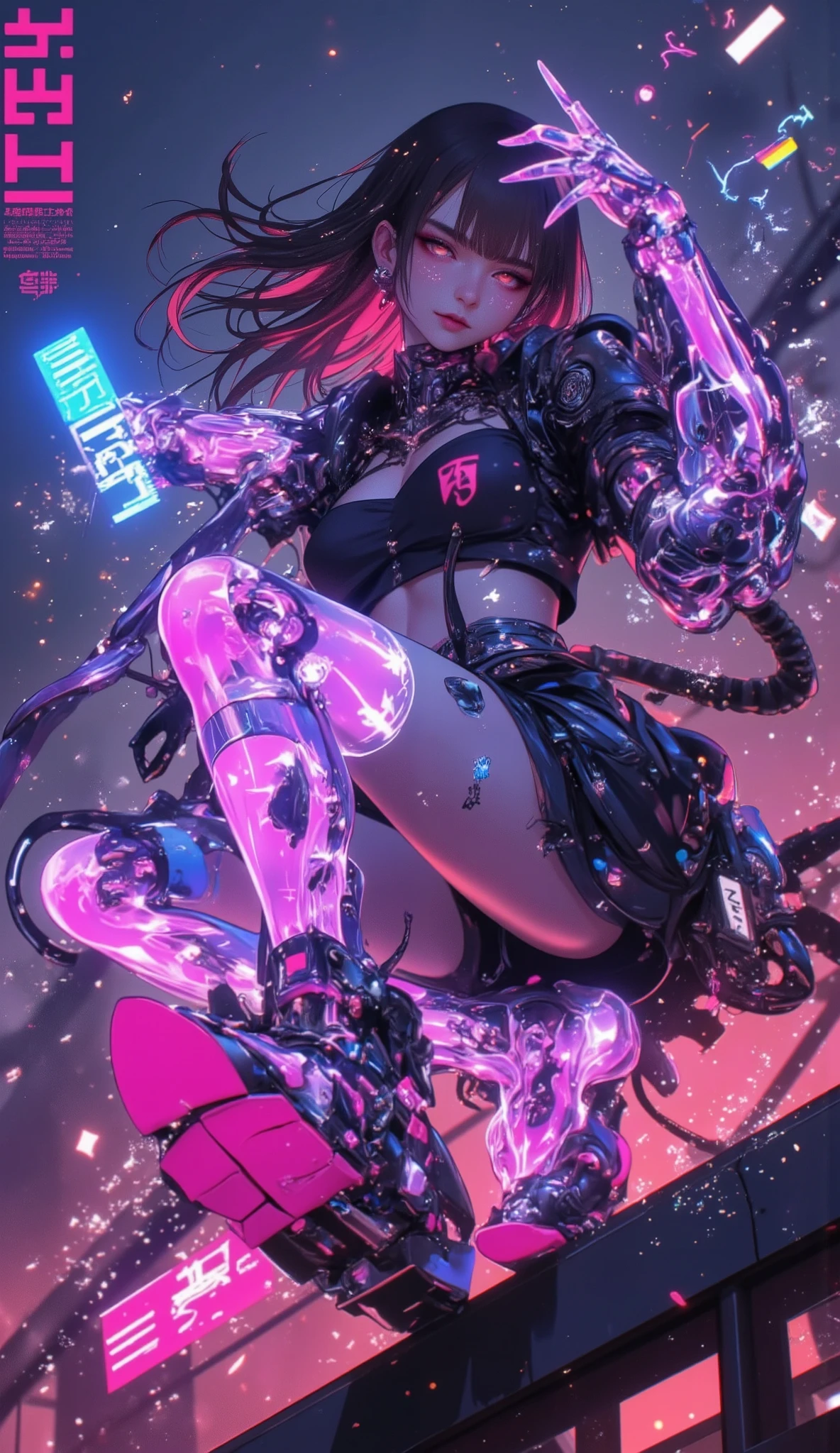 A anime Shonen style, young cyber woman, intricate face, body, perfect anatomy. Her cyber arms and legs are translucent, intricately detailed, a neon light dots her cybernetic anatomy, in a random way, creating a surreal but magnificent and glorious effect. She strikes an action pose worthy of the best action bestsellers. She is incredibly beautiful, her strong presence imposes itself,she is on the roof of a building , an perfect anime Shonen style
