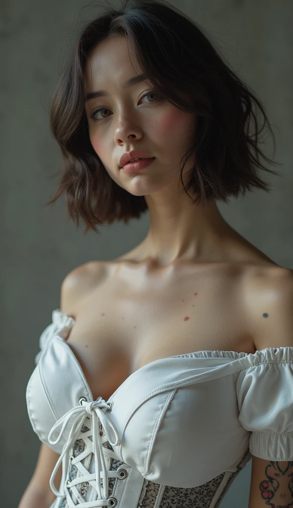 Instagram Photos, French woman, 21 years old, square hair cut,Black Hair, Drape shirt, Neckline, pale, Sharp Shadow,whole body,Pure white background