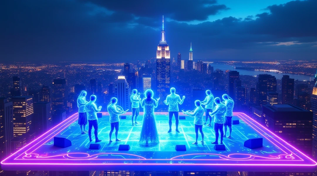 sky view to the city, a group of sci-fi man dancer are floating dancing above of a giant cube hologram logo with the words "UrBox" in the wide growded street, The hologram logo explodes and emits an all-encompassing blue light between cyberpunk buildings. Lighting: Dark colors, faint blue lights from billboards. Effects: LED strips on the device gradually glow. Special: The scene evokes a sense of suspense and anticipation.