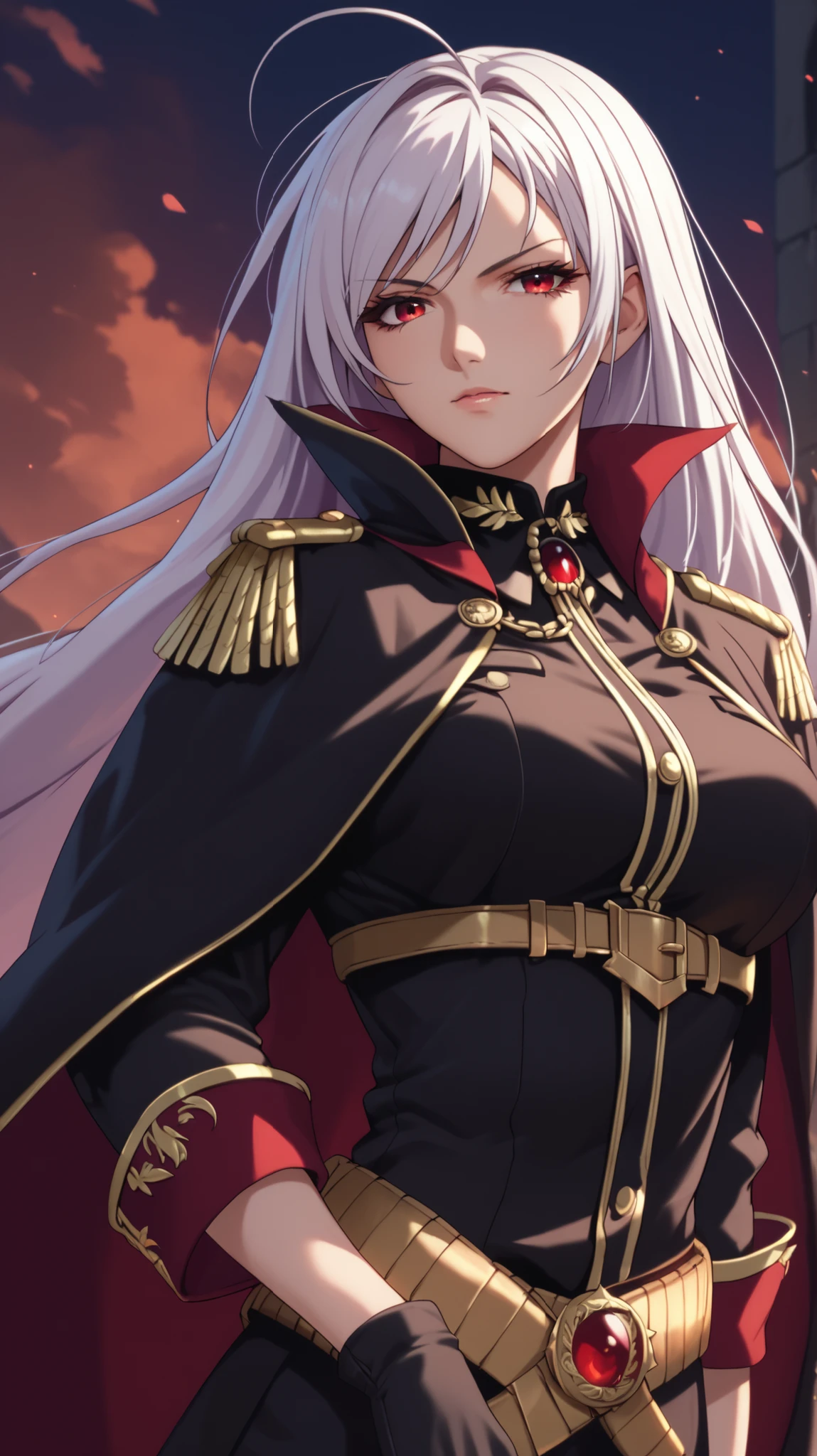vampire moka akashiya, long hair, red eyes, ahoge, white hair, large breasts, black shirt, black capelet, epaulettes, belt, black leggings, detached sleeves, black gloves