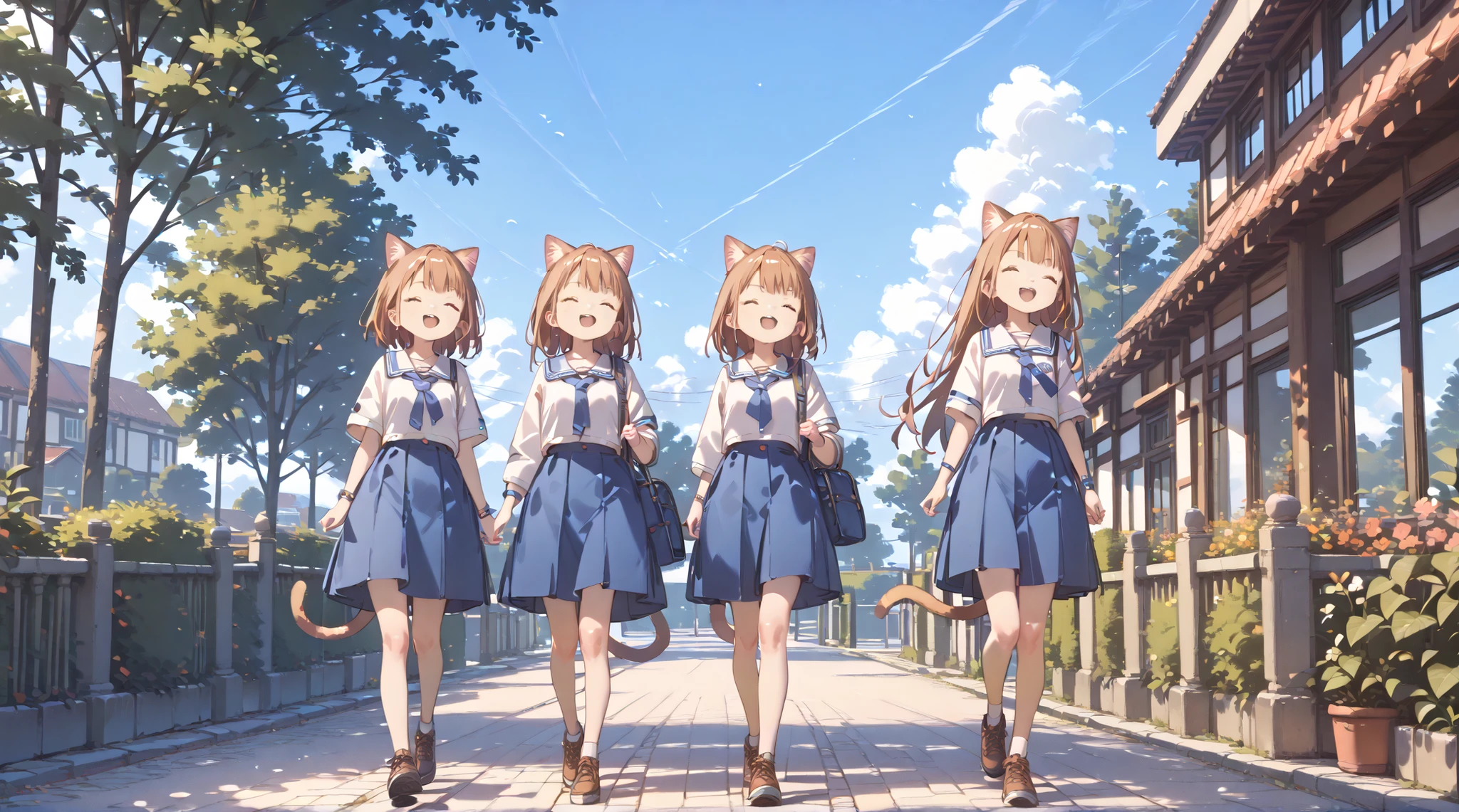 ( masterpiece, high resolution,High Quality,high resolution)、HD、High Quality、8k、4k、leaving school、Cat ears、 cat tail、three girls、laugh、Walking happily