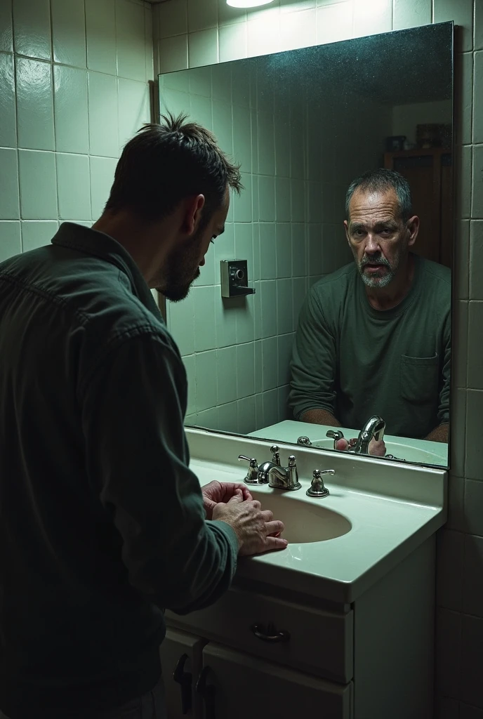 a man taking a selfie in a bathroom mirror with a camera nude