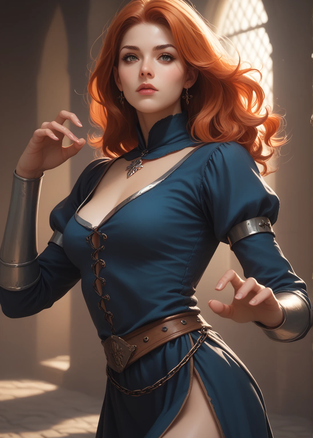 Beautiful, 23 year old European woman, young amouranth, red hair, long hair, curly hair, perfect face, sharp features, thousands of freckles, freckle face, smiling, laughing, happy, bright blue eyes, perfect eyes, cleavage, perfect breasts, skinny, complex dark blue dress with sleeves with golden embroidery, colonial house, living room, large windows, cinematic lighting, subject is well lighted, perfect hands, late autumn, high quality, detailed, 8k ultra hd, ultra detailed, 1 person