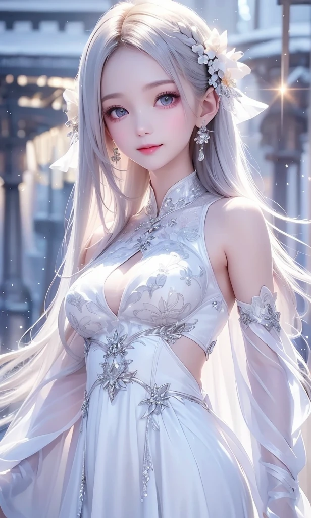 ((Chest photo))((masterpiece:1.5、8K、image、Realistic and detailed CG、Very detailed、Particle Effects、dynamic effect、Written border depth、Movie Lighting、lens flare、Ray Tracing、On the table、Practical:1.4、Ultra-high resolution:1.2、Practical、Practical))((Solitary、,Woman in turtleneck dress:1.4、Model-like pose:、Side Breast、((Full breasts:1.5))、Delicate face、Bright expression、young, more luminous, Whiter skin、best look、Extreme beauty、White hair shines:1.8、Beautiful shiny hair,、Extra long, Silky straight hair、Hair blowing in the wind))(Fantasy transparent flowers々quilt...enclose、White background、Great background、Thin petals falling)