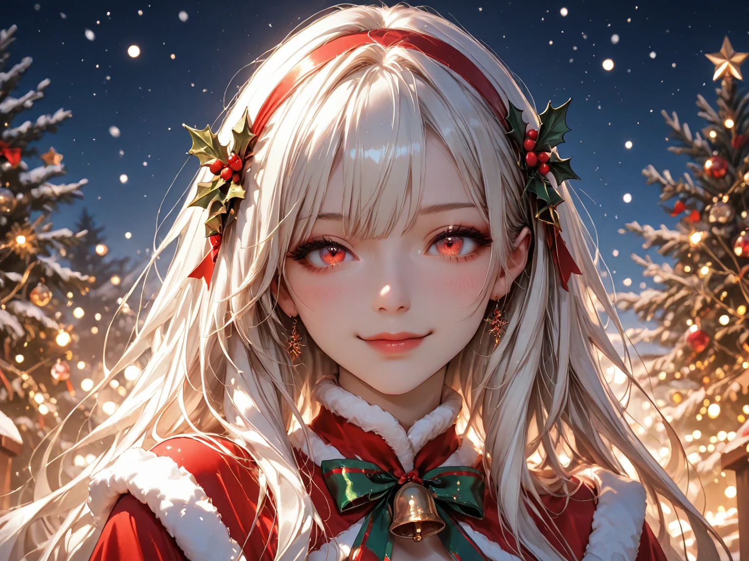 ((Finest quality)),(超A high resolution),(ultra-detailliert),(Meticulous portrayal),((Best Anime)),(Finest works of art),(Ultra-Precision Art),(The art of astounding depiction,Overwhelming depiction:1.5), (white Christmas:1.6), (Female Santa Claus:1.5),a smile:1.8, (sparkling colorful light:1.6,)