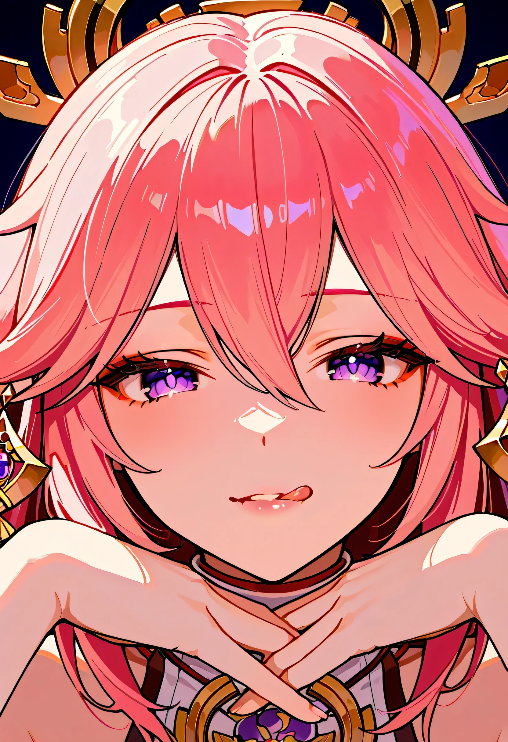 Yae_Miko_(Genshin_Impact), 1 girl, solo, head only pose, beautiful eyes, detailed eyes, 4k eyes, beautiful look, using dark circular lenses, beautiful mouth, detailed mouth, tongue licking lips.