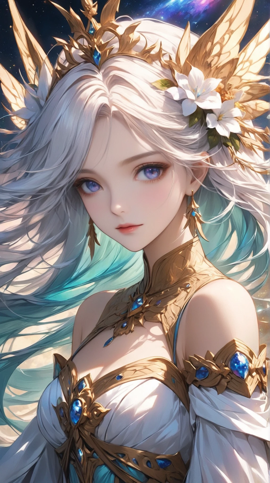 (masterpiece)、(highest quality)、((Super detailed))、(super delicate)、cute、Pastel colors hair、beautiful breasts、Gorgeous、fantastic sea of light、Gold, silver, and purple costumes, detailed face, detailed eyes, detailed skin