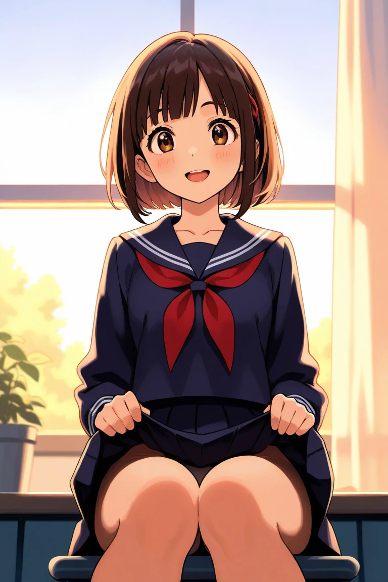 Wet white panties,masterpiece, top-quality, hight resolution, ighly detailed, 细致背景, 电影灯光, 1girl in, cute little, Medium chest, 校服, (Lift skirt), Public obscenity, looking at the viewers, 建筑, outside of house, cherry trees, bokeh dof,Cameltoe、crouching down、(Urination:1.2)、Gentle smile