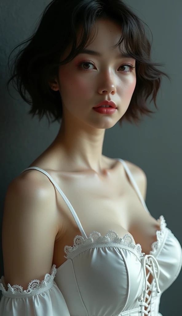 fille de 18 ans, douce et belle, cheveux court et décoiffé, frange, grand front, cheveux noirs, joues rouges, chaine autour du coup, sous vêtements blancs, yeux verts intense, lèvres pulpeuse, décotée, (très mignonnes), abdominaux léger visibles, culottes blanche trop grande, est debout au bord de la fenêtre, regarde vers l'extérieure, beaux pieds, mascara coulant, pieds nue, se mordille les lèvres, rouge à lèvres rouge mal séché, style photographie artistique, expressive, (vue du corps entier) , ((Qualité supérieure)), ((chef-d'œuvre))