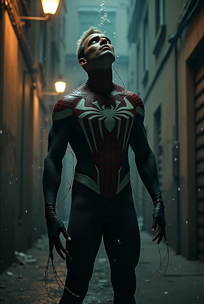 masterpiece, best quality:1.3,big biceps, beautiful , sexy,(digital painting:1.2), muscular man in black spiderman venom costume,shiny tight suit,facing camera, standing on a building, perfect body, urban background, the best masterpiece, very high detail, realistic, 8k, photorealistic, (rain:1.3), soaked clothes, (wet skin:1.4), wet, (smile:0.5), (detailed faces:1.4), (freckles:0.6)