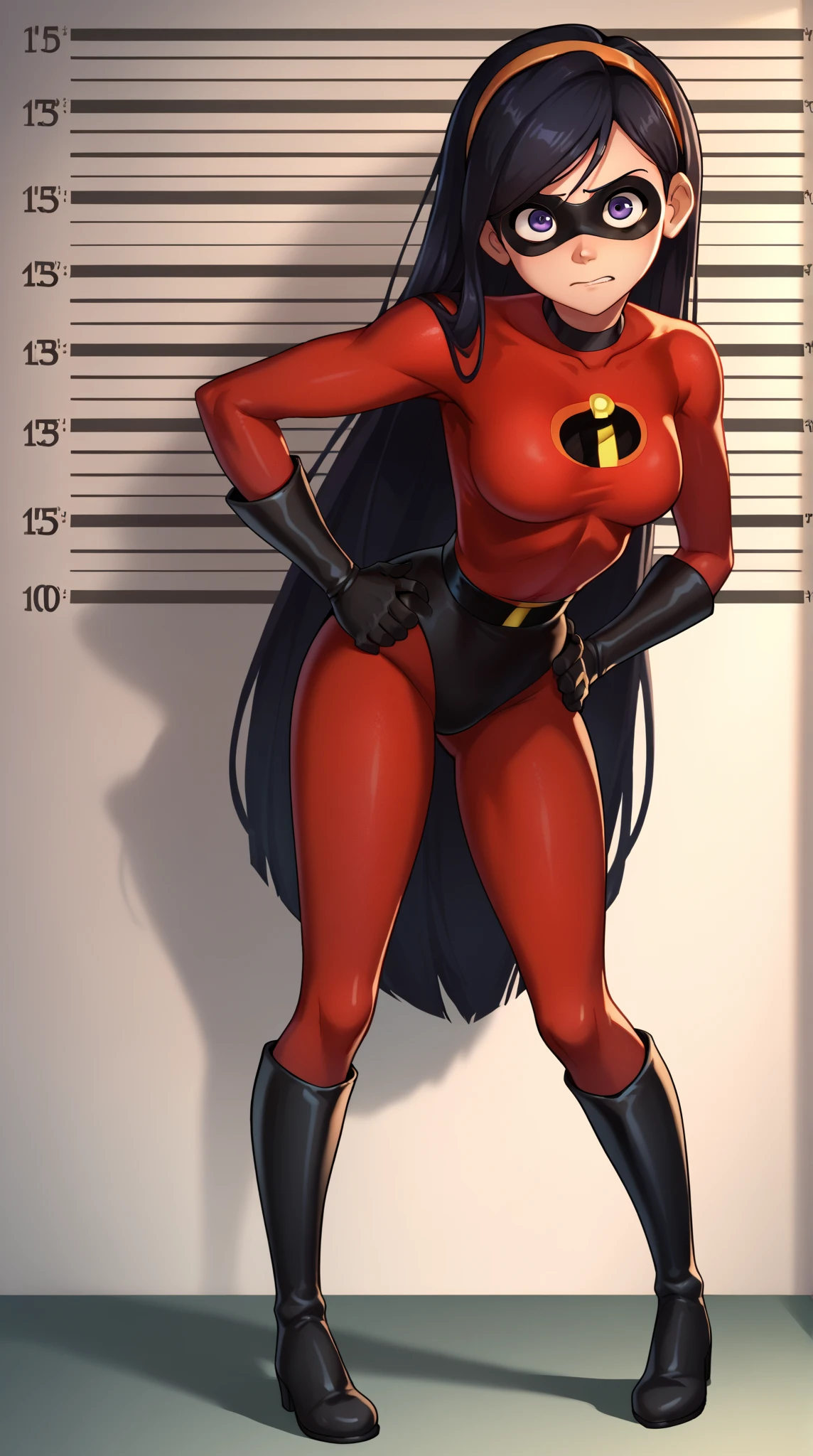 score_9, score_8_up, score_7_up, score_6_up, score_5_up, score_4_up, BREAK, source_cartoon, source_anime, 1girl, solo, violetparr, mask, black hair, long hair, hairband, purple eyes, red bodysuit, black gloves, thigh boots, full body, hands on hips, looking at viewer, solo, simple background, mugshot 