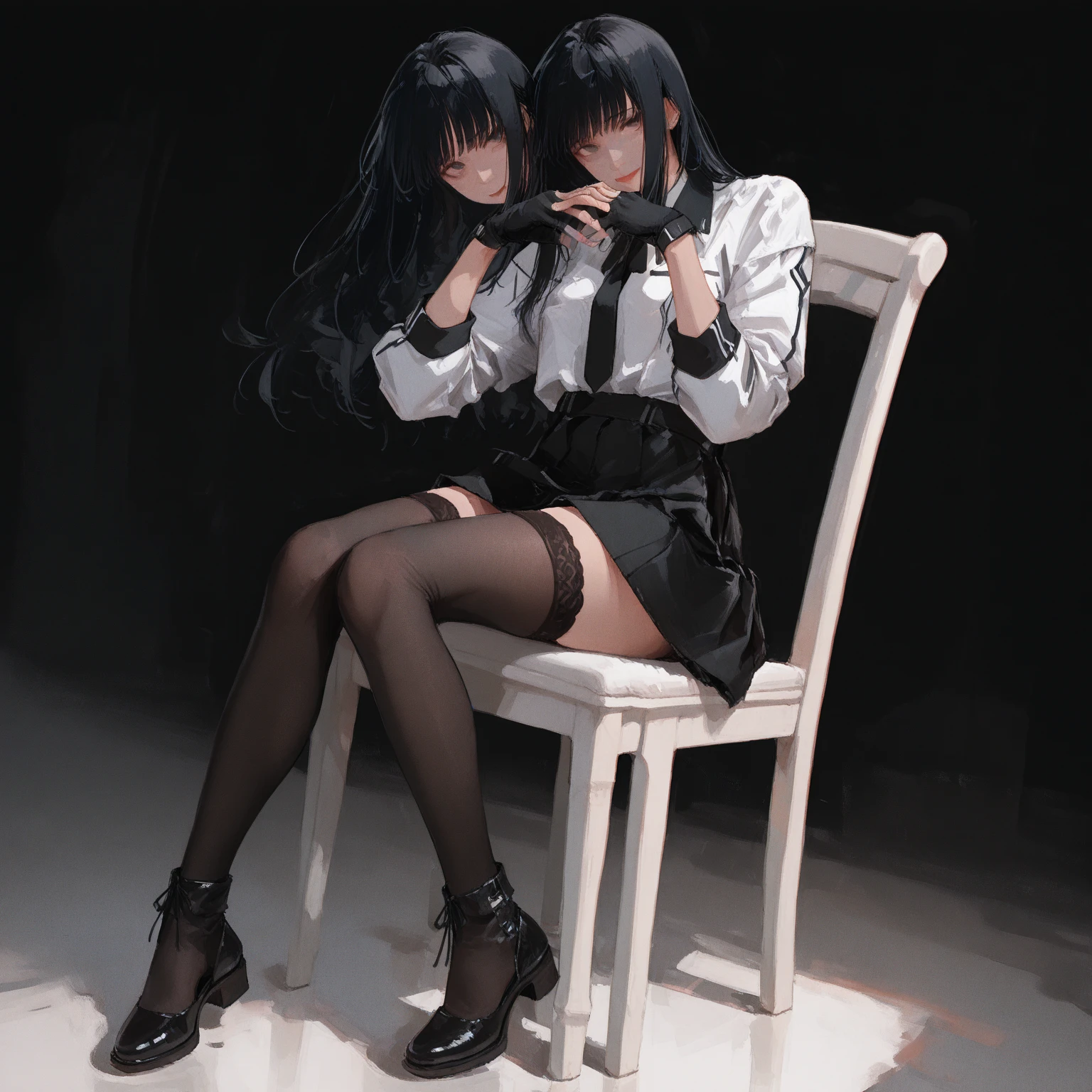 UHD, retina, masterpiece, accurate, anatomically correct, super detail, high details, high quality, award winning, best quality, highres, good anatomy, 1080P, HD, 4K, 8k, 16k, 1girl, long black hair, brown eyes, bangs, locks, soft smile, wearing a white collared shirt, off shoulder black jacket, wearing a black pencil mini skirt, sitting down on a white modern chair, sparkling eyes, intricate outfit design, full body, wearing black heels