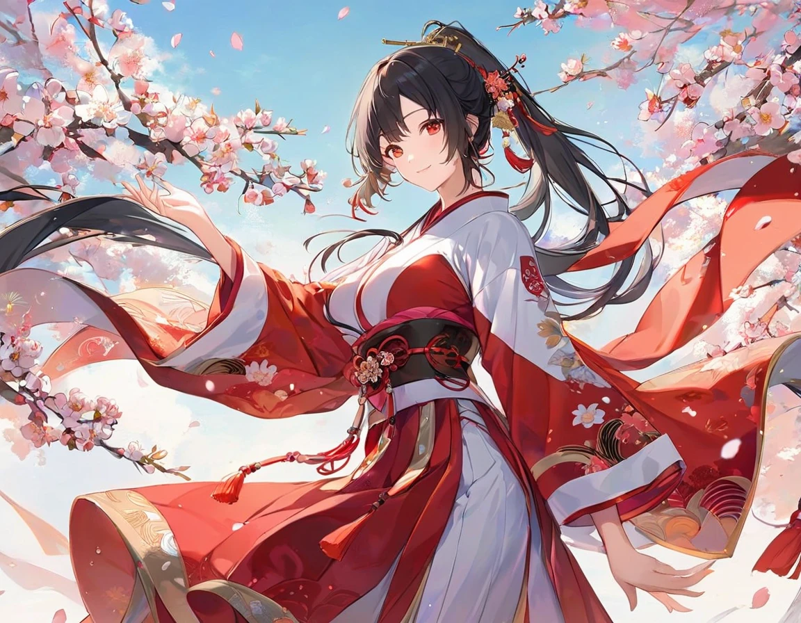 A vibrant anime-style illustration features a young woman dressed in traditional dress attire. Panorama, The woman wears a aodai with vivid red trim on the sleeves and collar, complemented by a crimson red skirt adorned with delicate peach blossom patterns. Her long, flowing black hair, a high ponytail, adorned with decorative accessories such as golden hairpins, red ribbons, and small gold ornaments. She has striking red eyes with subtle blush on her cheeks and a gentle smile. The background showcases dense Apricot blossom branches with soft, diffuse lighting enhancing the serene mood. yellow petals are falling softly around them, adding depth to the scene. The sky is a clear, deep blue that contrasts beautifully with the Apricot blossom and the characters' clothing. Soft sunlight illuminates the scene, casting gentle shadows and highlighting textures like the fabric folds. The overall composition creates a harmonious blend of nature's beauty and human elegance, set against a backdrop of Apricot blossoms in full bloom.