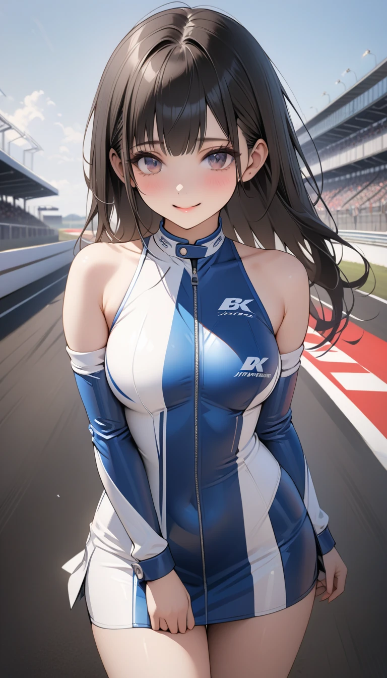 (masterpiece:1.2), (best quality:1.2), (very aesthetic:1.2), (absurdres:1.2), (detailed background),newest,anime, (((solo))), Masterpiece,(share),Open your legs towards the viewer,One cute girl, Highest quality,High resolution,High resolution,Highly detailed CG,8K Unit Wallpaper,25 years old,Beautiful attention to detail,small Breasts,Bobcut,Biomechanical OPPAI,Grid girl posing on the circuit,No sleeve,,(Shiny body:1.3),Open your mouth, blush, Sweat,Embarrassed,sexy,(visible nipples:0.7),(camel toe:0.3),Dark Hair, competition swimsuit,,((sit)),