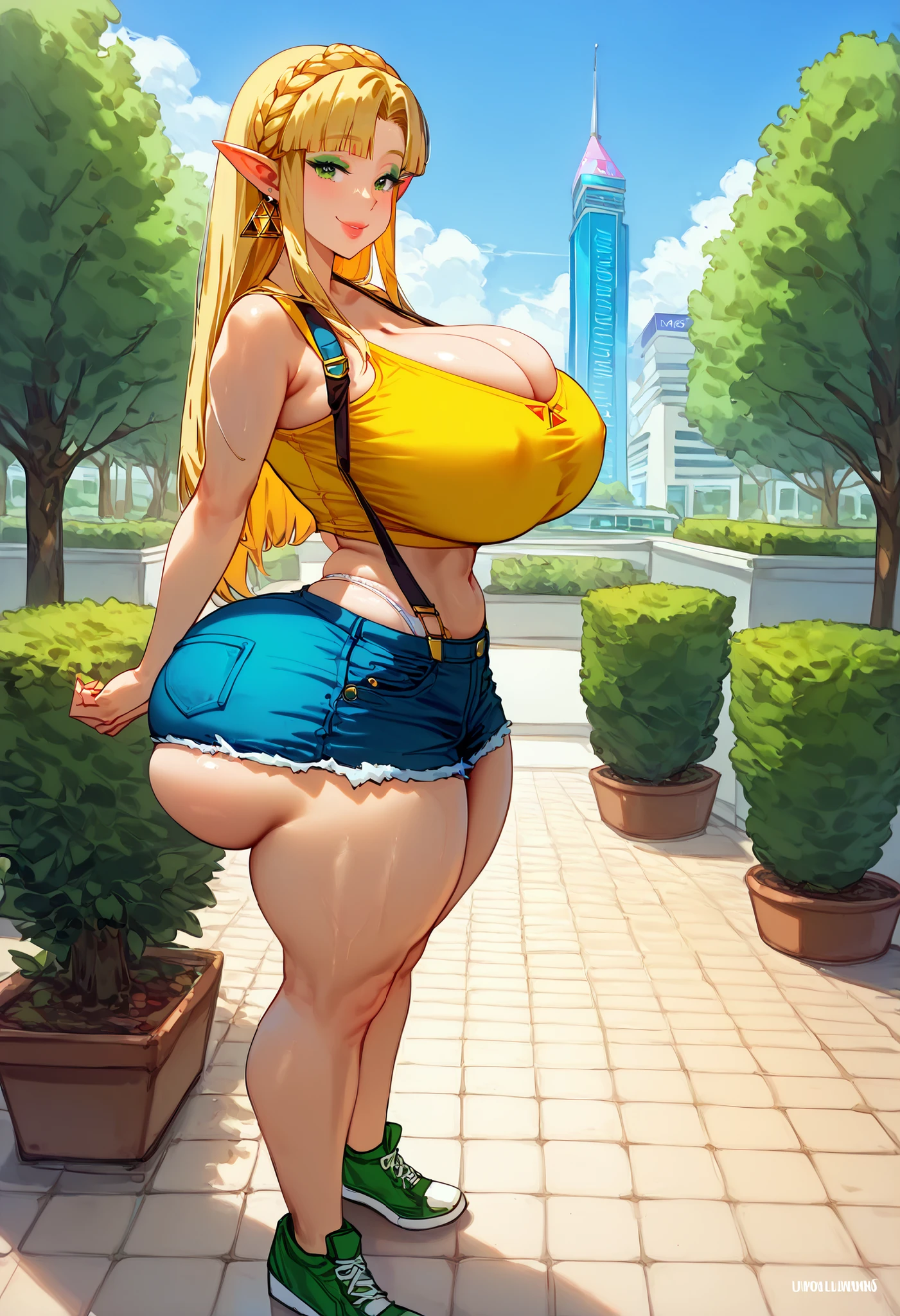 detailed, masterpiece, best quality, 1girl, score_9, score_8_up, score_7_up, narrow waist, huge breasts, wide hips, huge ass, thick thighs, gyaru, smug, giantess, ((goddess))