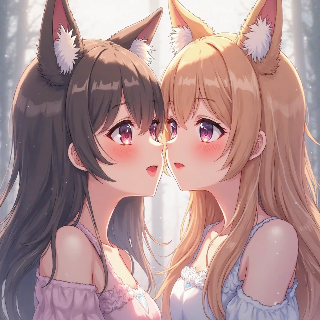 Hallucination, daydream , (horror) , Fear , bokeh , fox girl couple , closeup face to face , (Licking fingers)